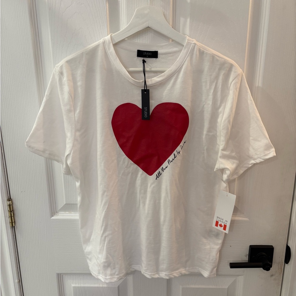 White T-Shirt with Red Heart Graphic
